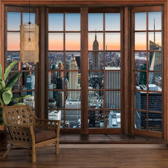 Optical Illusion Panoramic Wood Window Wall Mural / Wallpaper - New York