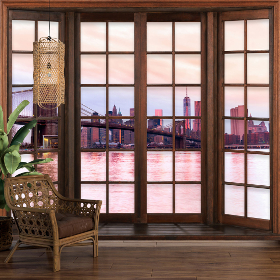 Optical Illusion Panoramic Wood Window Wall Mural / Wallpaper - New York