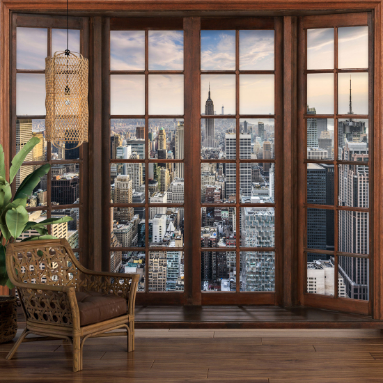 Optical Illusion Panoramic Wood Window Wall Mural / Wallpaper - New York