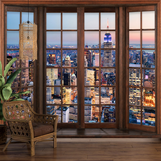 Optical Illusion Panoramic Wood Window Wall Mural / Wallpaper - New York