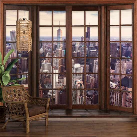 Optical Illusion Panoramic Wood Window Wall Mural / Wallpaper - New York