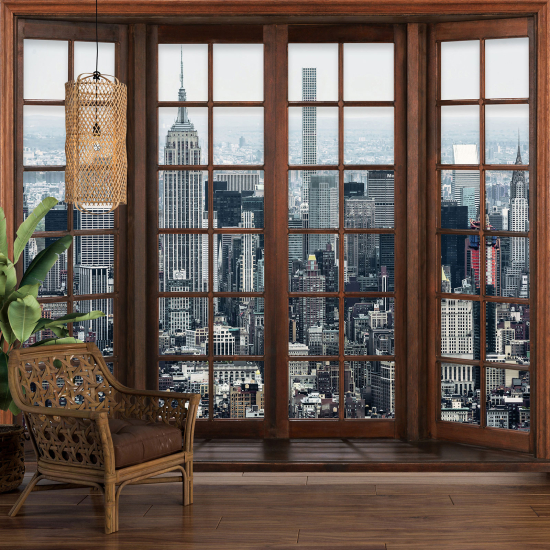 Optical Illusion Panoramic Wood Window Wall Mural / Wallpaper - New York