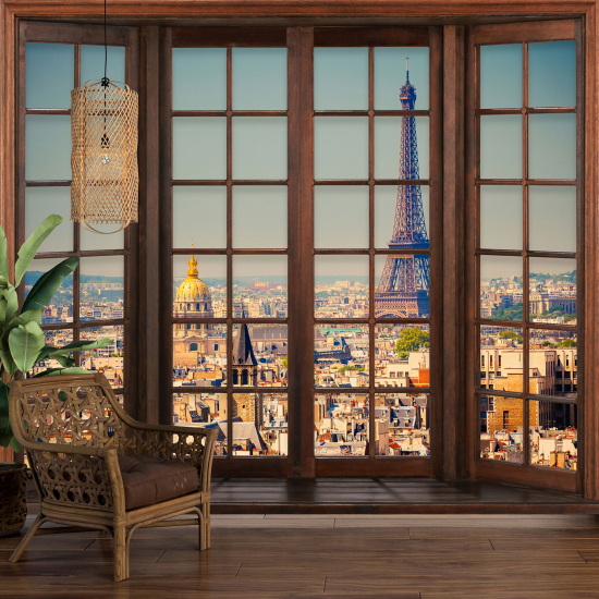 Optical Illusion Panoramic Wood Window Wall Mural / Wallpaper - Paris Eiffel Tower