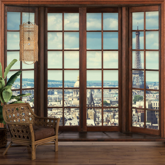 Optical Illusion Panoramic Wood Window Wall Mural / Wallpaper - Paris Eiffel Tower