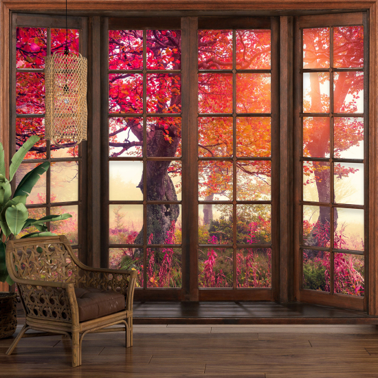 Optical Illusion Panoramic Wood Window Wall Mural / Wallpaper - Red-leaved trees