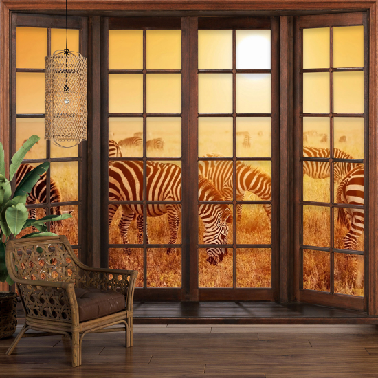 Optical Illusion Panoramic Wood Window Wall Mural / Wallpaper - Savanna Zebras