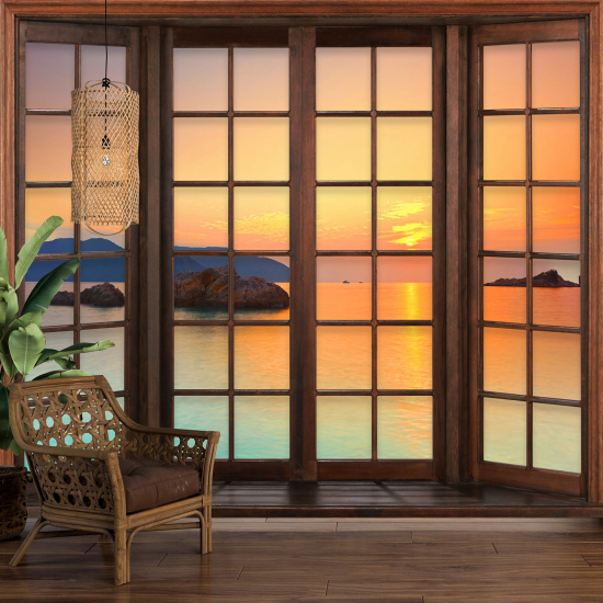 Optical Illusion Panoramic Wood Window Wall Mural / Wallpaper - Sea View