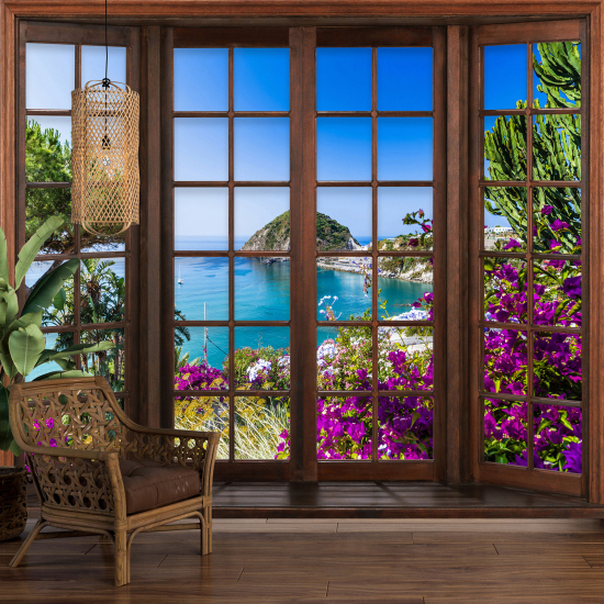 Optical Illusion Panoramic Wood Window Wall Mural / Wallpaper - Sea View