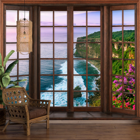 Optical Illusion Panoramic Wood Window Wall Mural / Wallpaper - Sea View