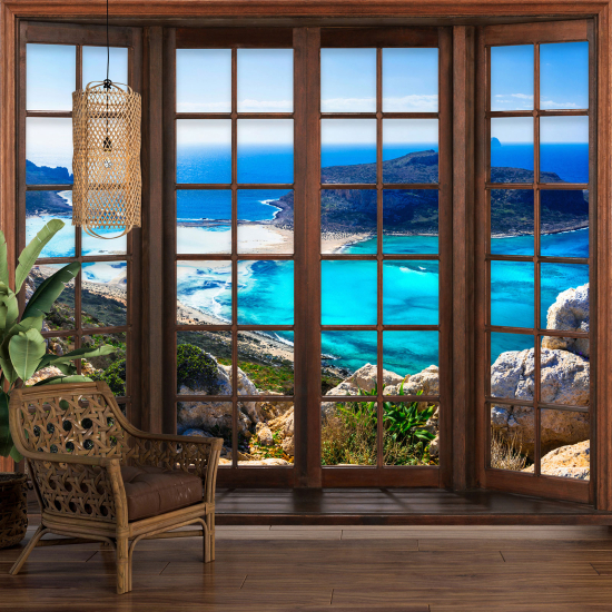 Optical Illusion Panoramic Wood Window Wall Mural / Wallpaper - Sea View