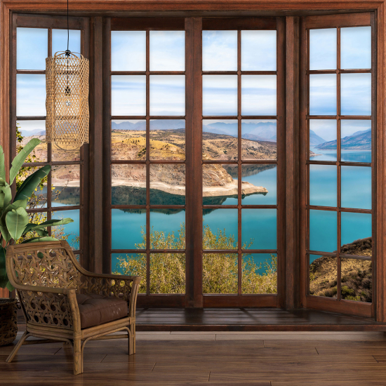 Optical Illusion Panoramic Wood Window Wall Mural / Wallpaper - Sea View