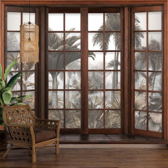 Optical Illusion Panoramic Wood Window Wall Mural / Wallpaper - Tropical Forest