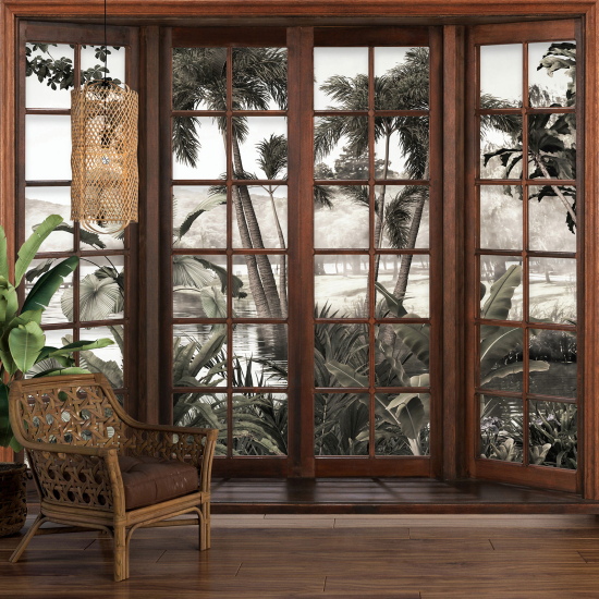 Optical Illusion Panoramic Wood Window Wall Mural / Wallpaper - Tropical Forest