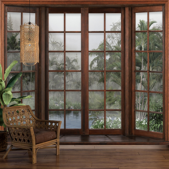 Optical Illusion Panoramic Wood Window Wall Mural / Wallpaper - Tropical Forest