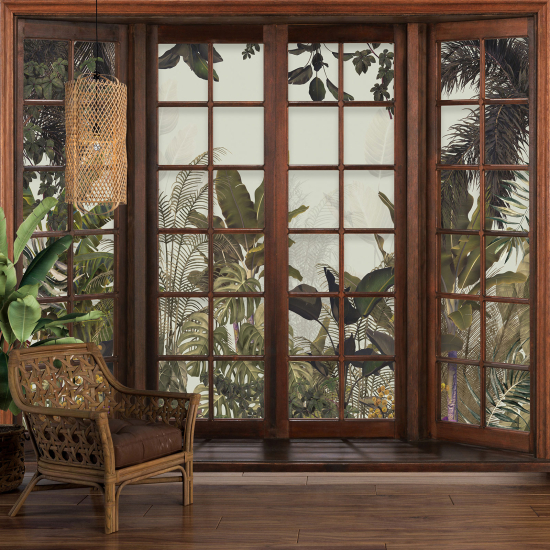 Optical Illusion Panoramic Wood Window Wall Mural / Wallpaper - Tropical Forest