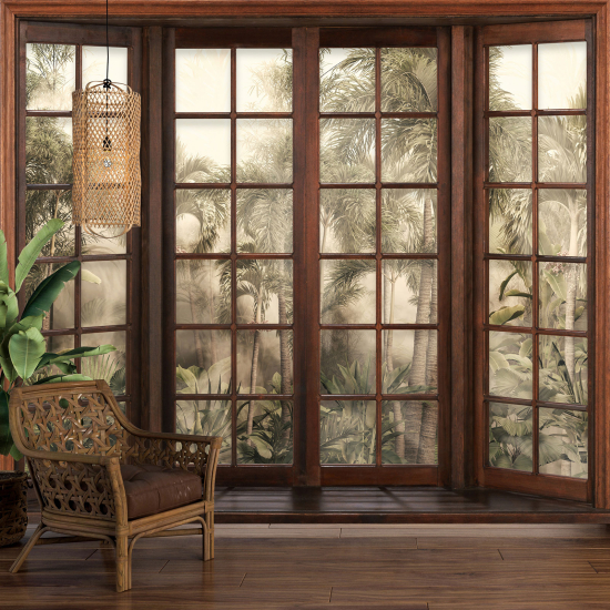 Optical Illusion Panoramic Wood Window Wall Mural / Wallpaper - Tropical Forest