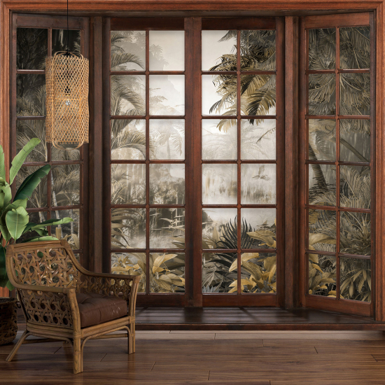 Optical Illusion Panoramic Wood Window Wall Mural / Wallpaper - Tropical Forest