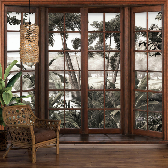 Optical Illusion Panoramic Wood Window Wall Mural / Wallpaper - Tropical Forest