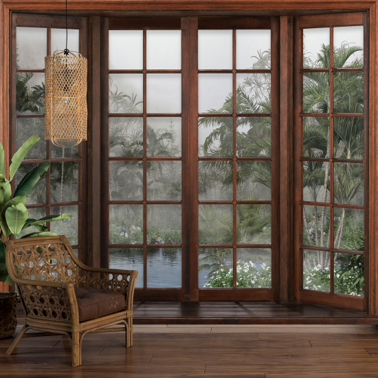 Optical Illusion Panoramic Wood Window Wall Mural / Wallpaper - Tropical Forest