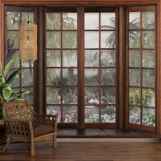 Optical Illusion Panoramic Wood Window Wall Mural / Wallpaper - Tropical Forest