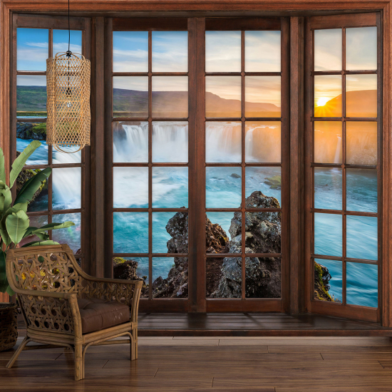 Optical Illusion Panoramic Wood Window Wall Mural / Wallpaper - Waterfalls