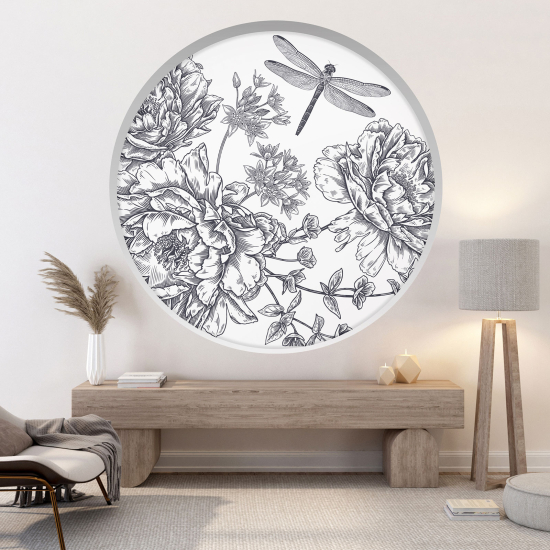 Optical Illusions Round Arch Wall Sticker - Dragonfly flowers