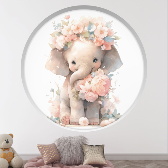 Optical Illusions Round Arch Wall Sticker for Kids- Floral Elephant