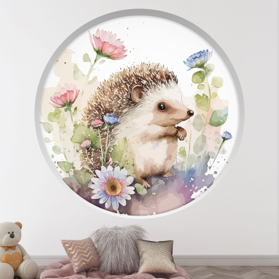 Optical Illusions Round Arch Wall Sticker for Kids- Hedgehog flowers