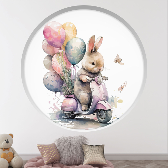 Optical Illusions Round Arch Wall Sticker for Kids- Motorcycle rabbit