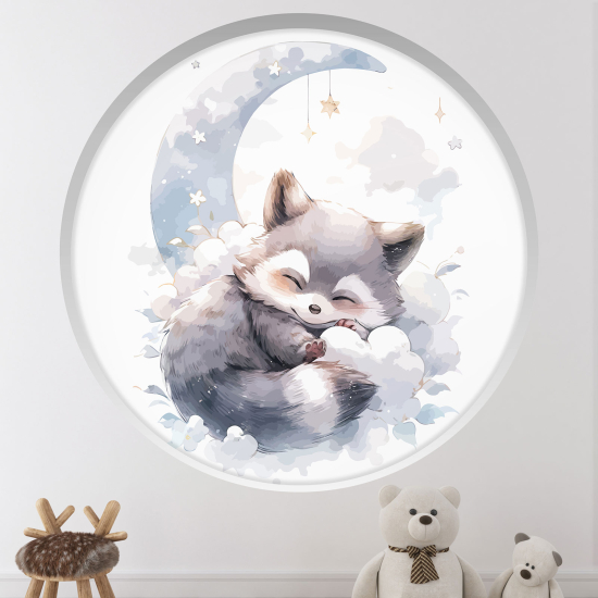 Optical Illusions Round Arch Wall Sticker for Kids- Raccoon on the moon