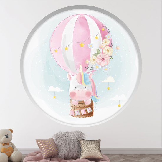 Optical Illusions Round Arch Wall Sticker for Kids- Unicorn hot air balloon