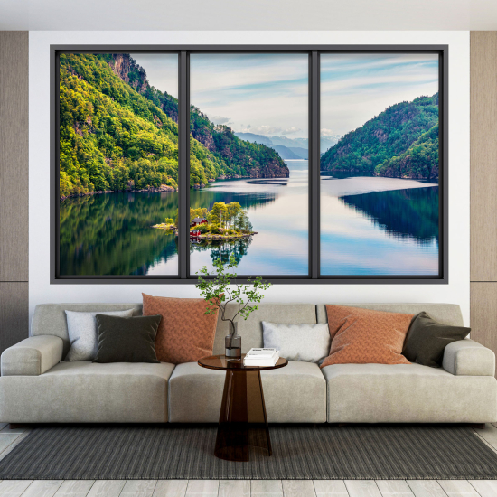 Optical Illusions Window Wall Sticker - Lake Mountains