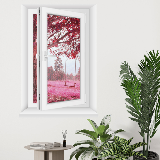 Optical Illusions Window Wall Sticker - Tree with pink leaves