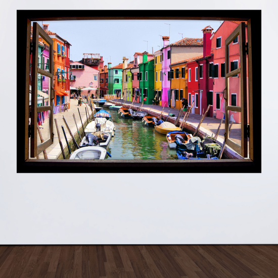 Optical Illusions Wood Window Wall Sticker - Burano Island