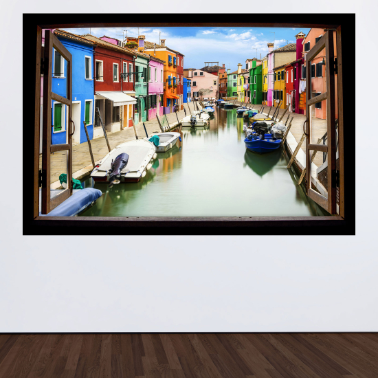 Optical Illusions Wood Window Wall Sticker - Burano Island