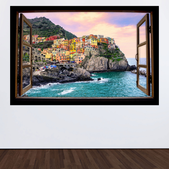 Optical Illusions Wood Window Wall Sticker - Cinque Terre