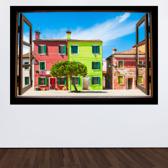 Optical Illusions Wood Window Wall Sticker - Colorful houses