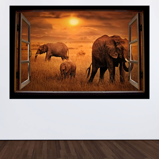 Optical Illusions Wood Window Wall Sticker - Elephants