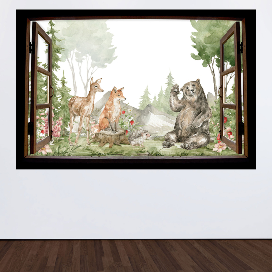 Optical Illusions Wood Window Wall Sticker for Kids - Forest animals