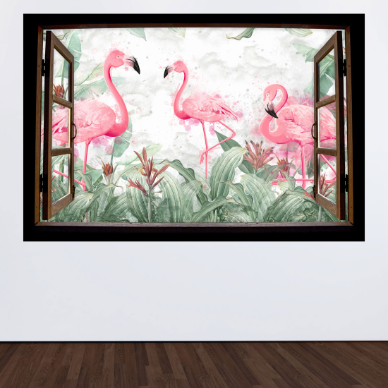 Optical Illusions Wood Window Wall Sticker for Kids - Pink flamingos