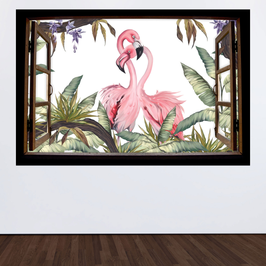 Optical Illusions Wood Window Wall Sticker for Kids - Pink flamingos