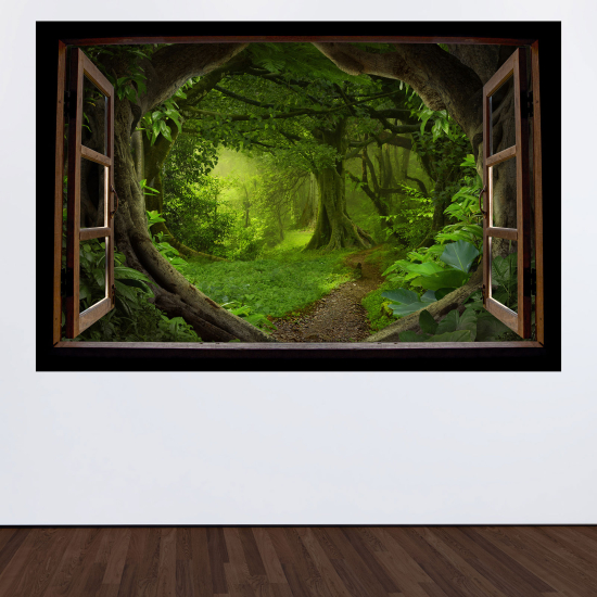 Optical Illusions Wood Window Wall Sticker - Forest path