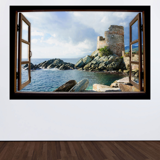 Optical Illusions Wood Window Wall Sticker - Genoese Tower