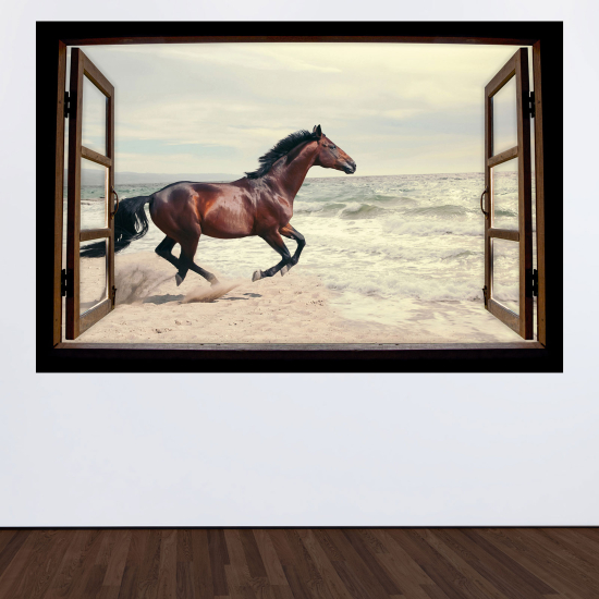 Optical Illusions Wood Window Wall Sticker - Horse beach