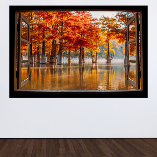 Optical Illusions Wood Window Wall Sticker - Lake and trees