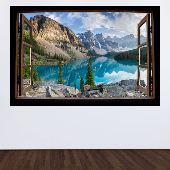 Optical Illusions Wood Window Wall Sticker - Lake Mountains