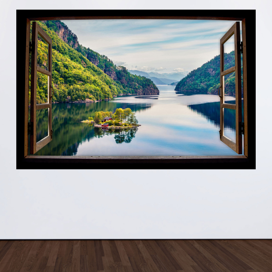 Optical Illusions Wood Window Wall Sticker - Lake Mountains