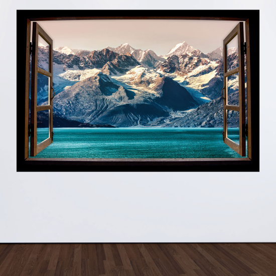 Optical Illusions Wood Window Wall Sticker - Lake Mountains