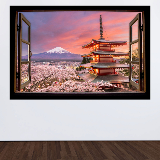 Optical Illusions Wood Window Wall Sticker - Mount Fuji Japan