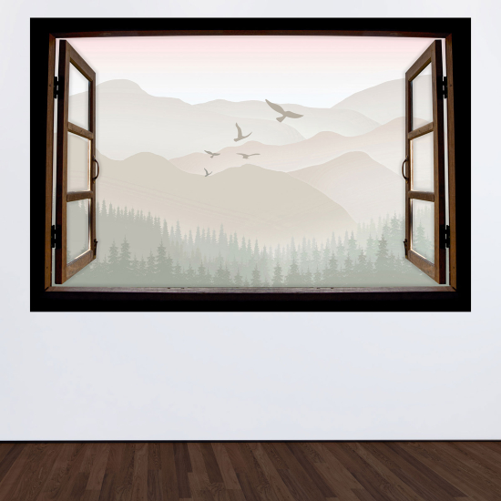 Optical Illusions Wood Window Wall Sticker - Mountains